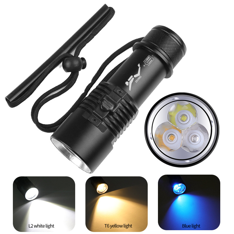 П70 подводно фенерче с висока яркост, L2 двойна светлина, T6 трицветни LED светодиоди (бяло, жълто, синьо) и магнитен превключвател, професионално гмуркане