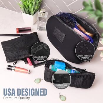 Неопренова чанта за пътуване за козметика с две дишащи мрежести отделения с цип, водоустойчива