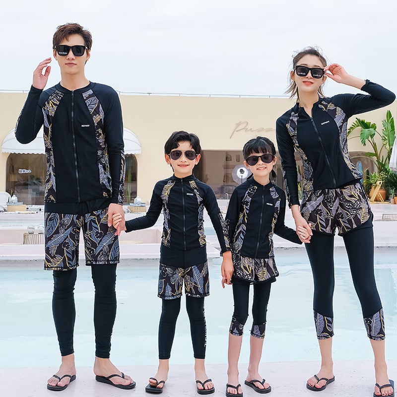 Costum de snorkeling pentru familie, mâneci lungi, imprimeu meduză, două piese cu fermoar, protecție UV, costum de baie slim