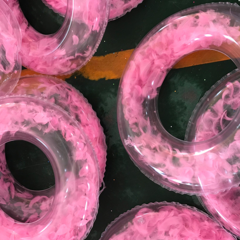 Прозрачен плувен пръстен за възрастни, дебел PVC, розово пера