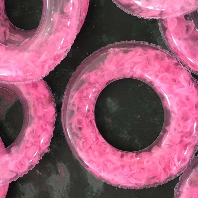 Прозрачен плувен пръстен за възрастни, дебел PVC, розово пера