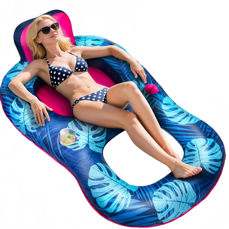 Προσαρμοσμένος φουσκωτός φλοτέρ πισίνας, σε τροπικό στυλ Χαβάη, με πλάτη και διχτυωτό κάτω μέρος.