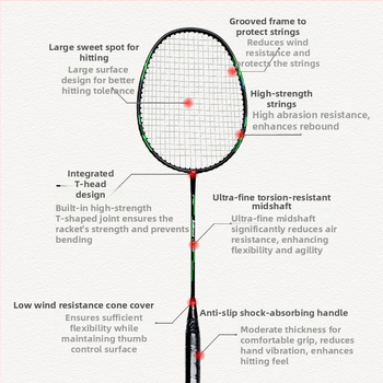 Rex karbonska vlakna badminton raketa za odrasle, jednoplošna, natjecateljski trening, prav zahvat, potpuno karbonska