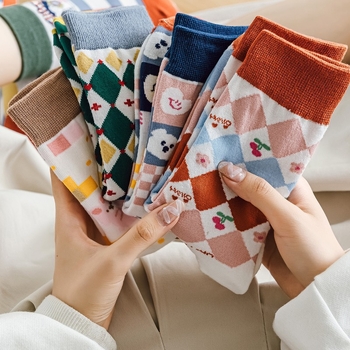 Ženske pamučne čarape u retro japanskom stilu s kariranim uzorkom, srednje dužine