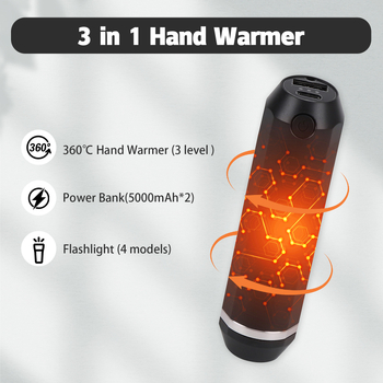 Θερμαντικό χεριών με LED φακό και USB, ενσωματωμένη επαναφορτιζόμενη μπαταρία 2000-4000 mAh