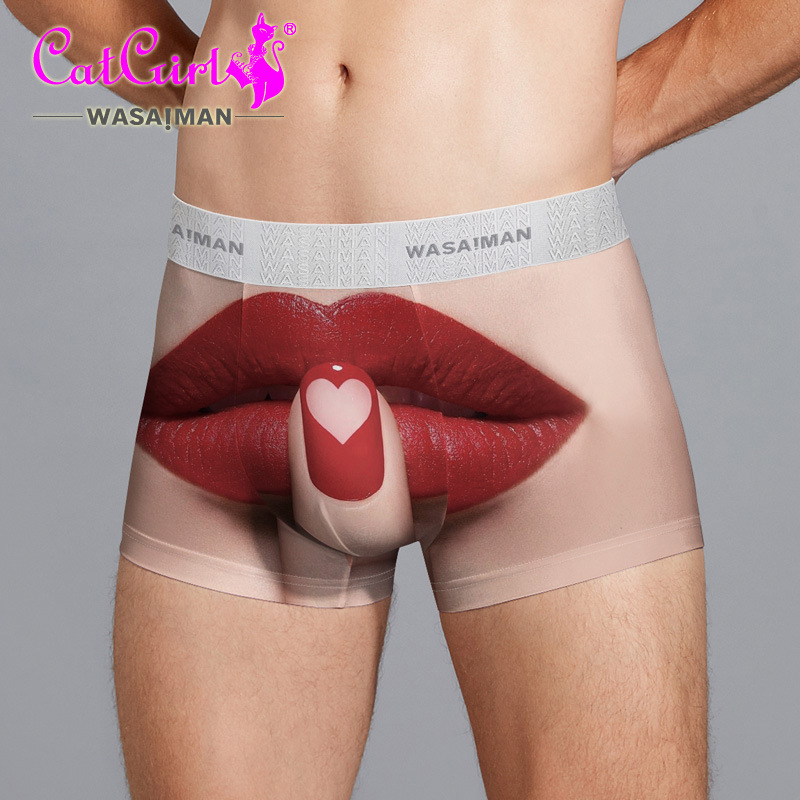 Muške bokserice s crvenim usnama, prozračne ice silk poliester boxer briefs, srednji pojas.