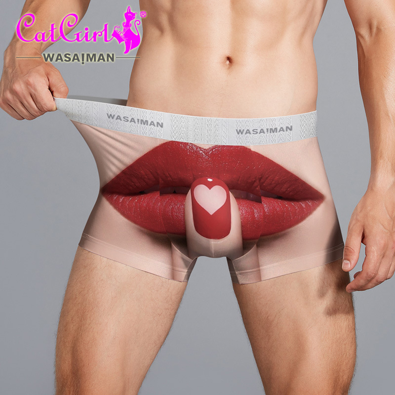 Muške bokserice s crvenim usnama, prozračne ice silk poliester boxer briefs, srednji pojas.
