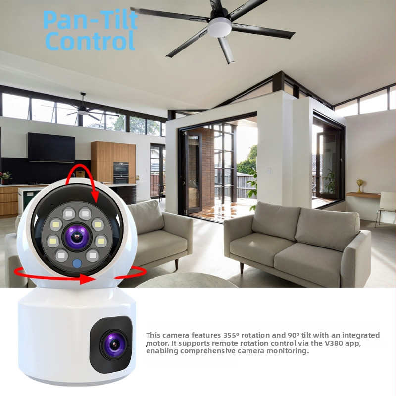 Bezdrôtová Wi‑Fi kamera určená na vnútorné aj vonkajšie použitie so dvojitými objektívmi a 360° otočením