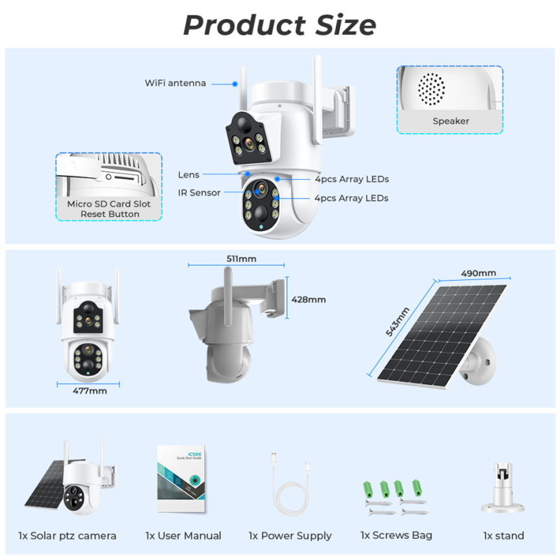 ICSEE solarna bežična kamera s PTZ 360° i noćnim vidom u boji, 3MP/2K, 4mm objektiv