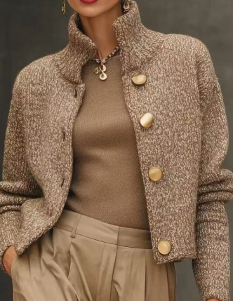 Ženski pleteni kardigan-jaka s visokim ovratnikom, kopčanjem, uskim krojem, kratka duljina