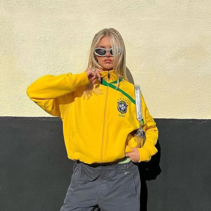 Ženski hoodie s kapuljom i fudbalskim motivom, geometrijski uzorak, slobodan kroj, srednja duljina, poliester, jesen-zima 2023