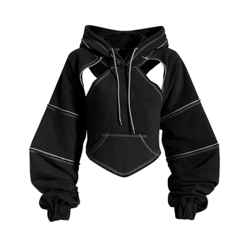 Ženski kratki hoodie džemper s kontrastnim šavovima – rana jesen, slojeviti top, dugi rukav, ulični hip-hop stil