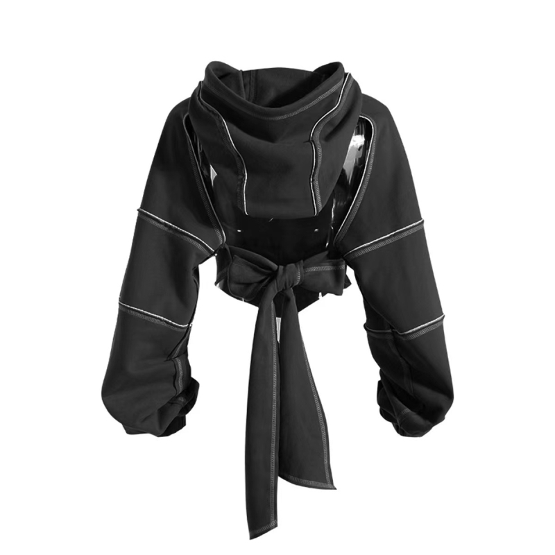 Ženski kratki hoodie džemper s kontrastnim šavovima – rana jesen, slojeviti top, dugi rukav, ulični hip-hop stil