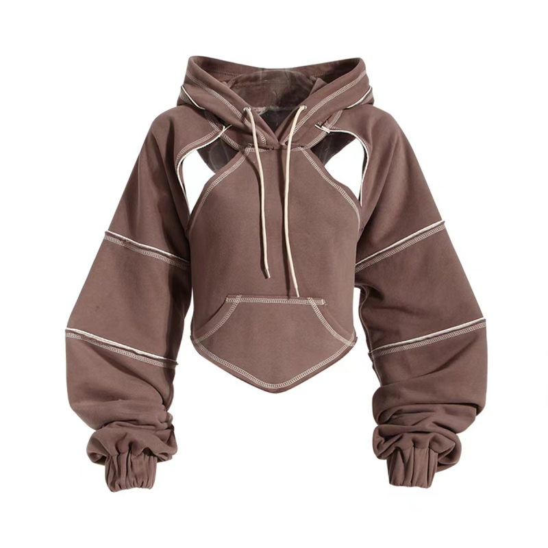 Ženski kratki hoodie džemper s kontrastnim šavovima – rana jesen, slojeviti top, dugi rukav, ulični hip-hop stil