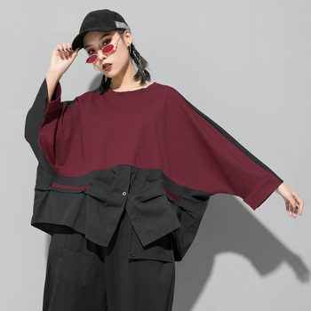 Ženski pulover s blokovima boja, 3/4 rukava, tamni minimalisticki jesensko-zimski streetwear stil