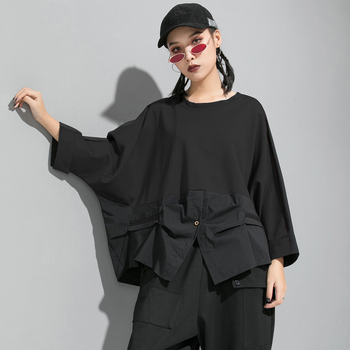 Ženski pulover s blokovima boja, 3/4 rukava, tamni minimalisticki jesensko-zimski streetwear stil