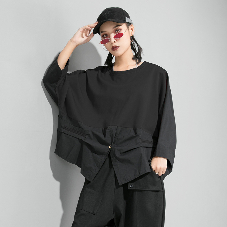 Ženski pulover s blokovima boja, 3/4 rukava, tamni minimalisticki jesensko-zimski streetwear stil