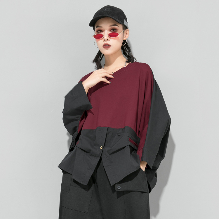 Ženski pulover s blokovima boja, 3/4 rukava, tamni minimalisticki jesensko-zimski streetwear stil