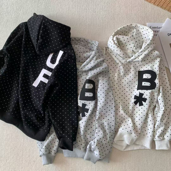 Ženski hoodie s kapuljom, korejskog stila, otisak točkica, prugica i slova, opušten kroj, dugi rukavi, unutarnja flis podstava