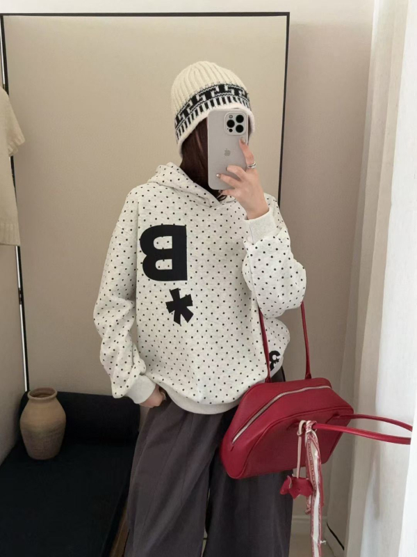 Ženski hoodie s kapuljom, korejskog stila, otisak točkica, prugica i slova, opušten kroj, dugi rukavi, unutarnja flis podstava