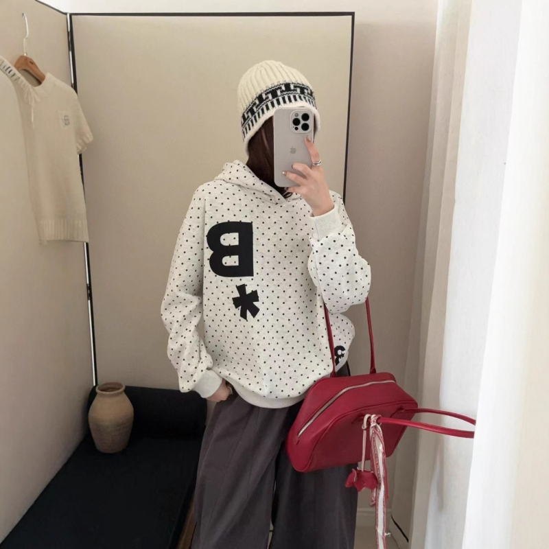 Ženski hoodie s kapuljom, korejskog stila, otisak točkica, prugica i slova, opušten kroj, dugi rukavi, unutarnja flis podstava
