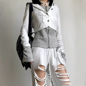 UNMUN Ženska patchwork pletene jakna s kapuljačom, američki retro subkulturni stil, Y2K inspiriran uski kratki kroj, za jesen