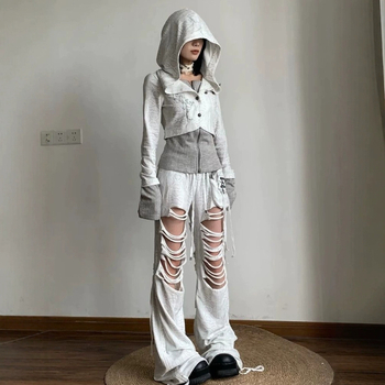 UNMUN Ženska patchwork pletene jakna s kapuljačom, američki retro subkulturni stil, Y2K inspiriran uski kratki kroj, za jesen