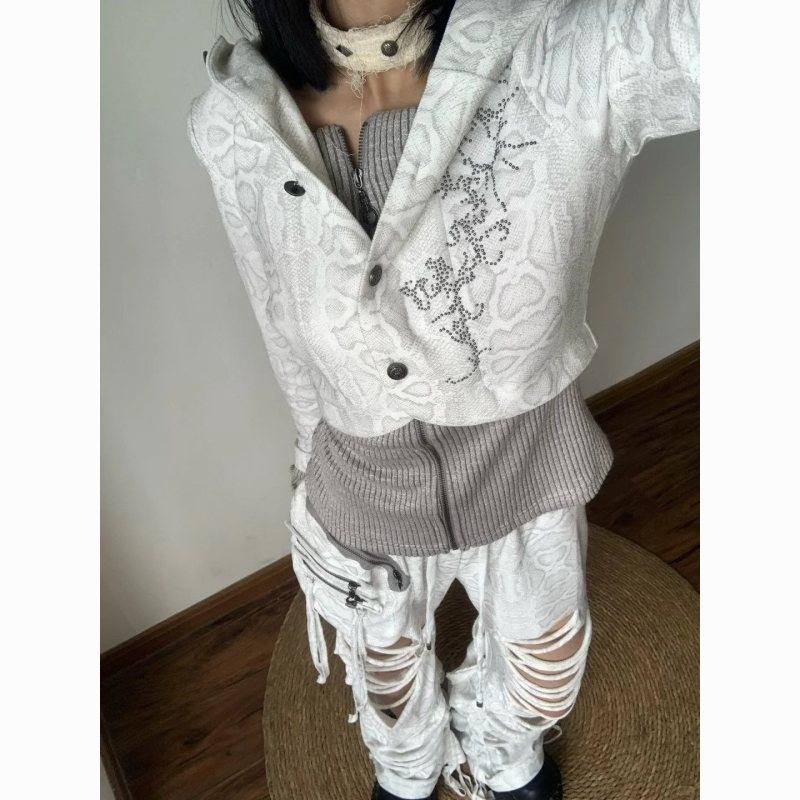 UNMUN Ženska patchwork pletene jakna s kapuljačom, američki retro subkulturni stil, Y2K inspiriran uski kratki kroj, za jesen