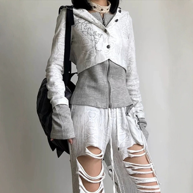 UNMUN Ženska patchwork pletene jakna s kapuljačom, američki retro subkulturni stil, Y2K inspiriran uski kratki kroj, za jesen
