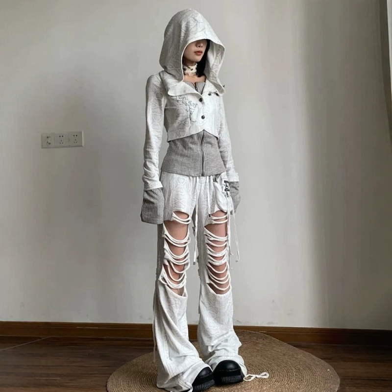 UNMUN Ženska patchwork pletene jakna s kapuljačom, američki retro subkulturni stil, Y2K inspiriran uski kratki kroj, za jesen