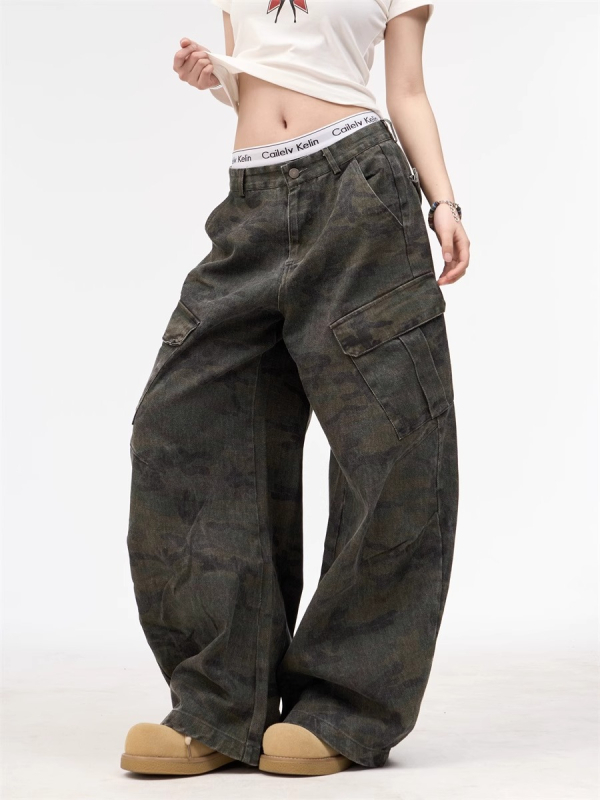 Ženske camouflage radne traperice, širokog kroja, visokog struka, hip-hop ulični stil, velike džepove s preklopima