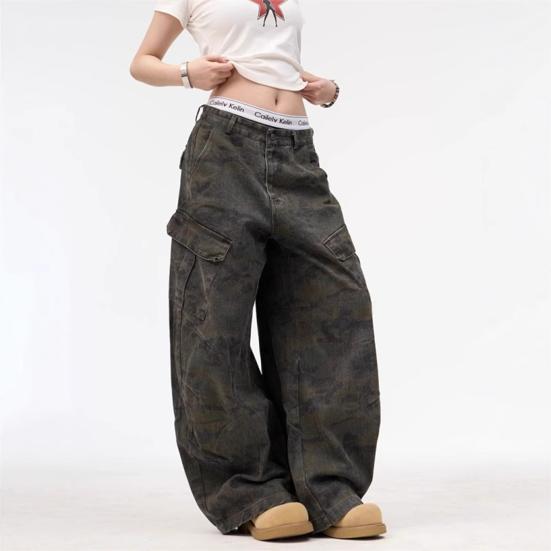 Ženske camouflage radne traperice, širokog kroja, visokog struka, hip-hop ulični stil, velike džepove s preklopima