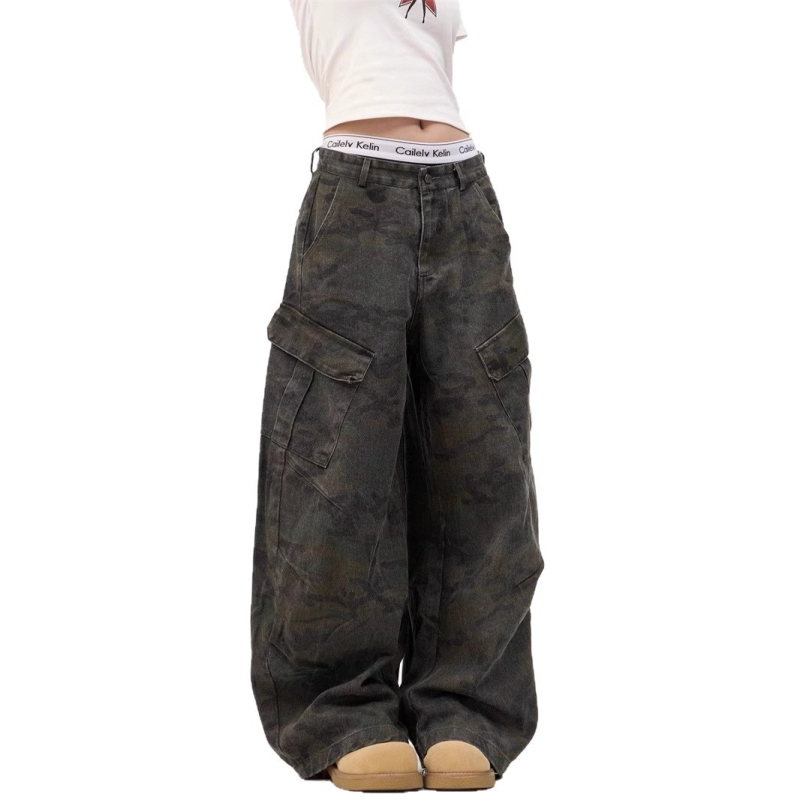 Ženske camouflage radne traperice, širokog kroja, visokog struka, hip-hop ulični stil, velike džepove s preklopima