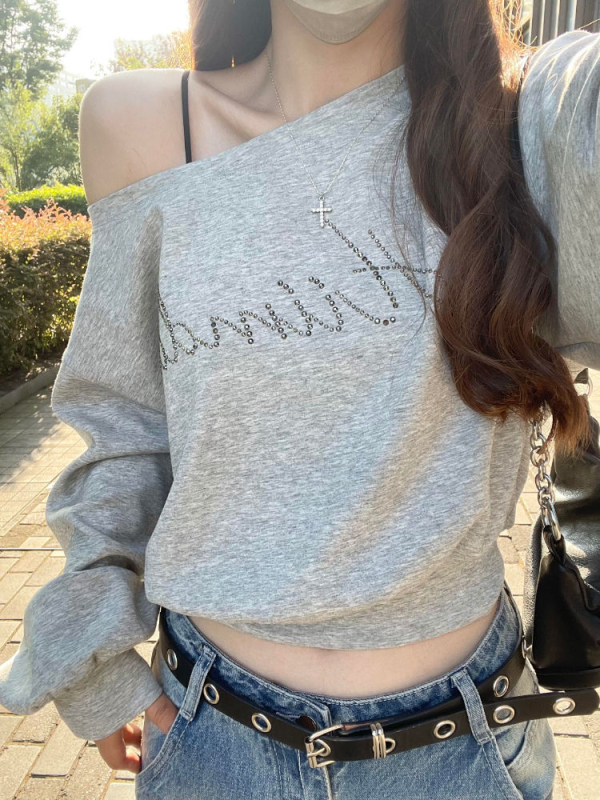 Ženski cropped sweatshirt s otvorenim ramenima, siva, 260 g, lagana