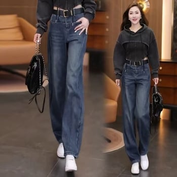 Ženske džinse širokih nogavica s zakrivljenim rubom, podstavljene fleeceom, visokim strukom, opušteni kroj, vintage dizajn, denim