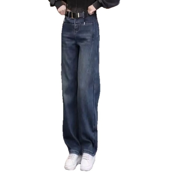 Ženske džinse širokih nogavica s zakrivljenim rubom, podstavljene fleeceom, visokim strukom, opušteni kroj, vintage dizajn, denim