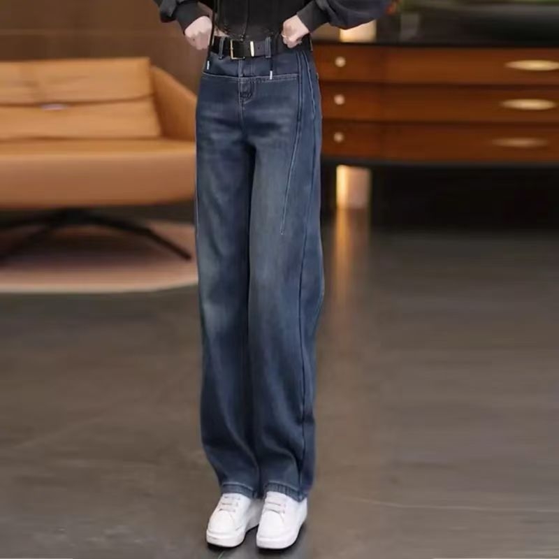 Ženske džinse širokih nogavica s zakrivljenim rubom, podstavljene fleeceom, visokim strukom, opušteni kroj, vintage dizajn, denim