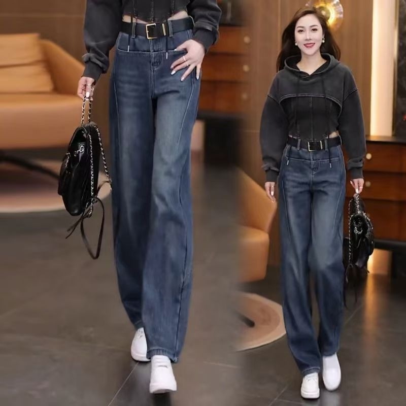 Ženske džinse širokih nogavica s zakrivljenim rubom, podstavljene fleeceom, visokim strukom, opušteni kroj, vintage dizajn, denim