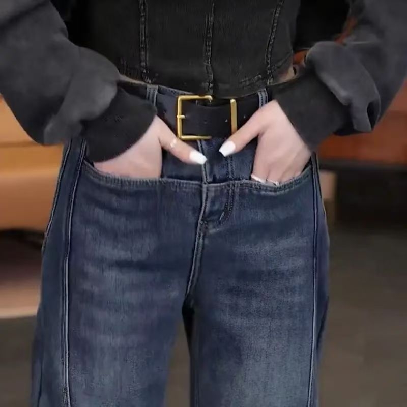 Ženske džinse širokih nogavica s zakrivljenim rubom, podstavljene fleeceom, visokim strukom, opušteni kroj, vintage dizajn, denim