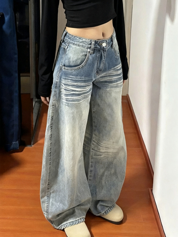 Ženske traperice u američkom stilu s zakrivljenim rubom, novi model 2026, visokim strukom, opuštenog kroja, široke denim hlače