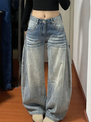 Ženske traperice u američkom stilu s zakrivljenim rubom, novi model 2026, visokim strukom, opuštenog kroja, široke denim hlače