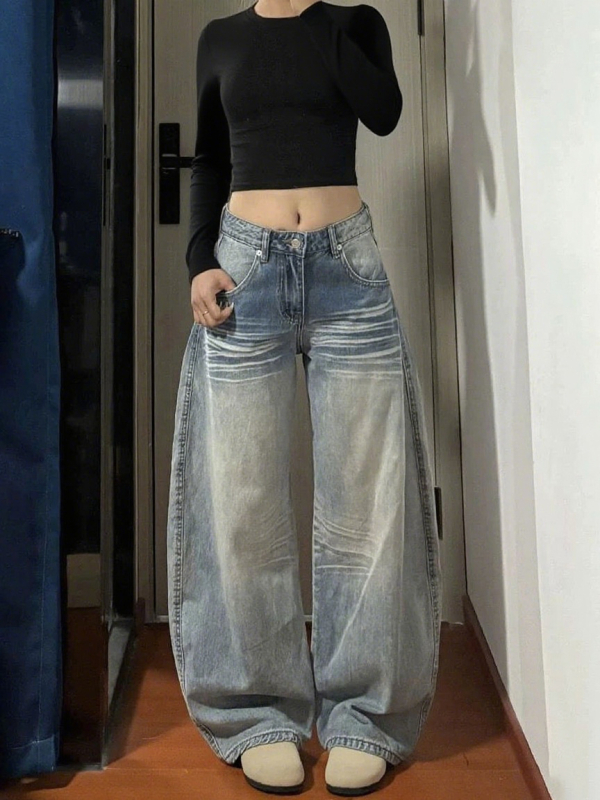 Ženske traperice u američkom stilu s zakrivljenim rubom, novi model 2026, visokim strukom, opuštenog kroja, široke denim hlače