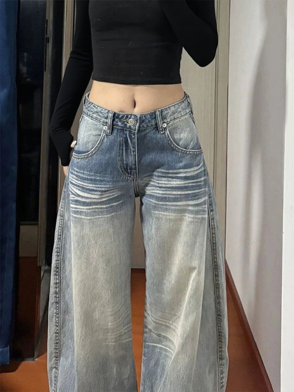 Ženske traperice u američkom stilu s zakrivljenim rubom, novi model 2026, visokim strukom, opuštenog kroja, široke denim hlače