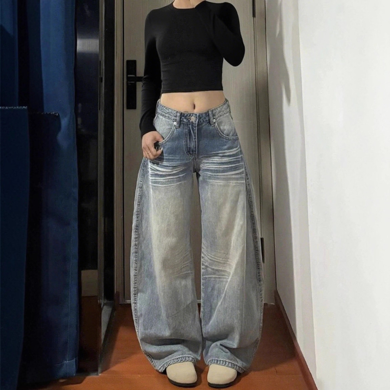 Ženske traperice u američkom stilu s zakrivljenim rubom, novi model 2026, visokim strukom, opuštenog kroja, široke denim hlače
