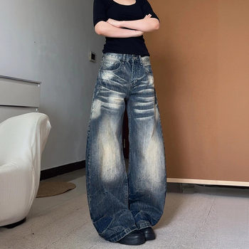 Ženske džins plus size, američki stil, vintage distressed scimitar, opuštena silueta, široke nogavice, dužina do poda, jesen 2025