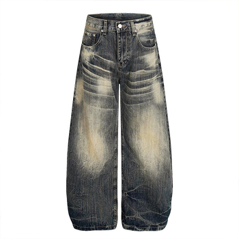 Ženske džins plus size, američki stil, vintage distressed scimitar, opuštena silueta, široke nogavice, dužina do poda, jesen 2025