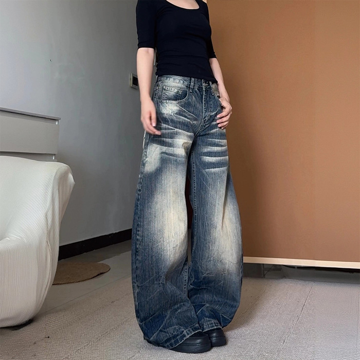 Ženske džins plus size, američki stil, vintage distressed scimitar, opuštena silueta, široke nogavice, dužina do poda, jesen 2025