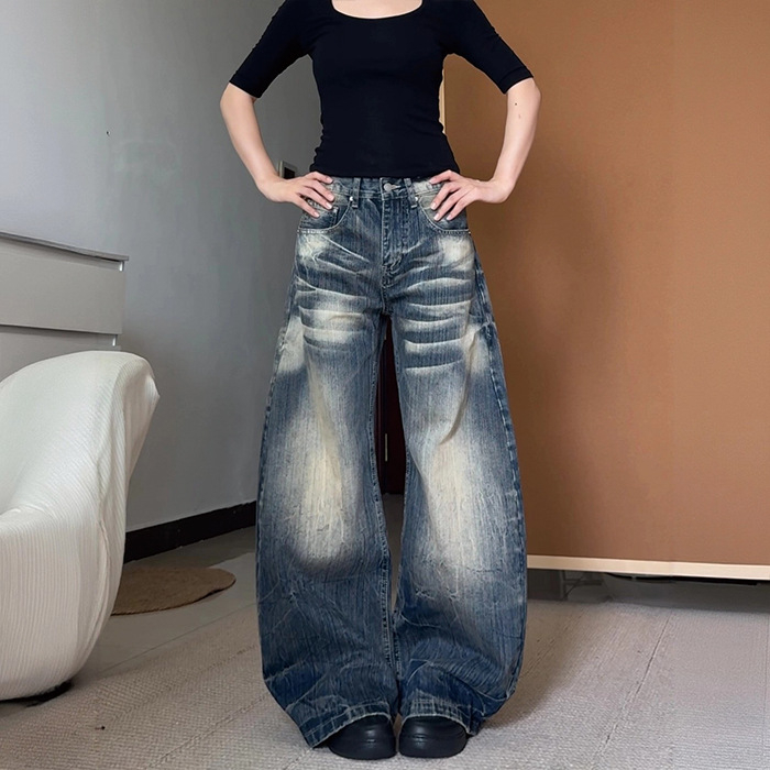 Ženske džins plus size, američki stil, vintage distressed scimitar, opuštena silueta, široke nogavice, dužina do poda, jesen 2025