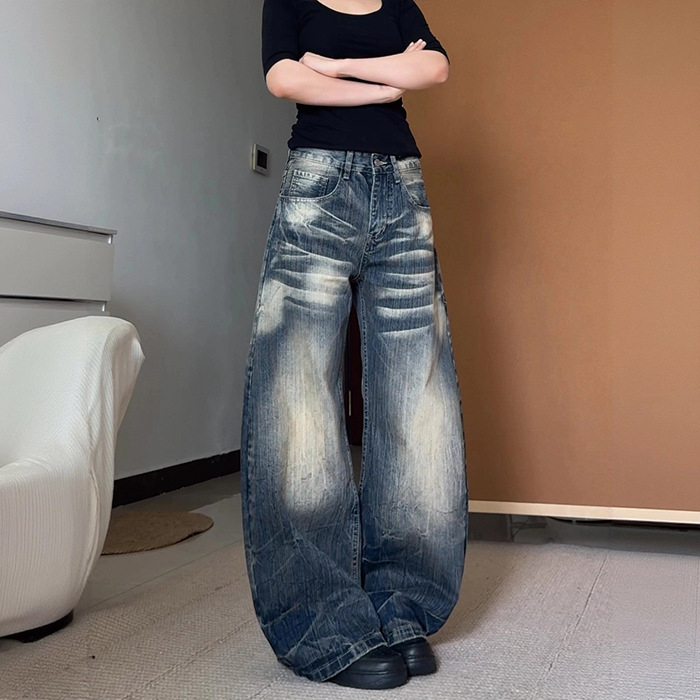 Ženske džins plus size, američki stil, vintage distressed scimitar, opuštena silueta, široke nogavice, dužina do poda, jesen 2025