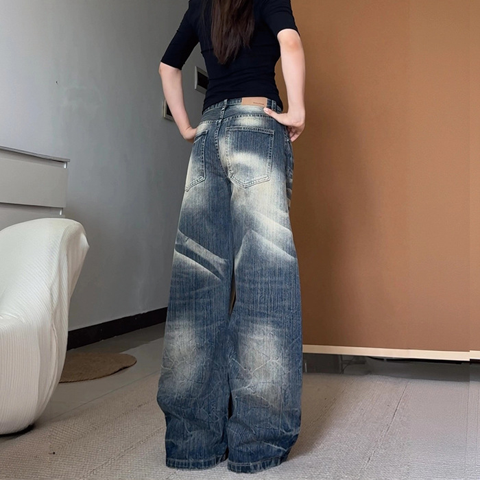 Ženske džins plus size, američki stil, vintage distressed scimitar, opuštena silueta, široke nogavice, dužina do poda, jesen 2025
